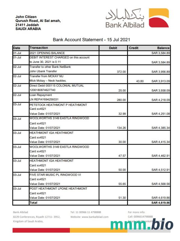 Arabia Saudyjska Bank Albilad szablon wyciągu bankowego w formacie Word i PDF